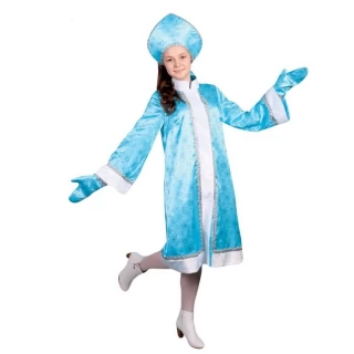 Карнавальный костюм "Снегурочка", атлас, прямая шуба с искрами, кокошник, варежки, цвет голубой